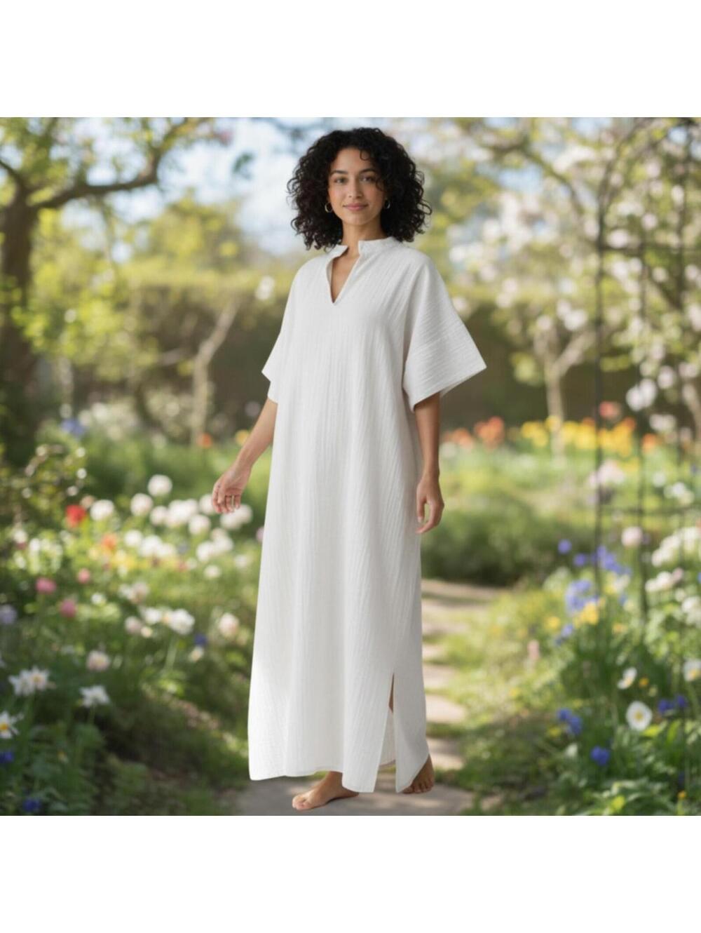 B'Gauze Women's Size S/M White Boho Cotton Gauze V-Neck Maxi Dress Kaftan NWT - Picture 2 of 5